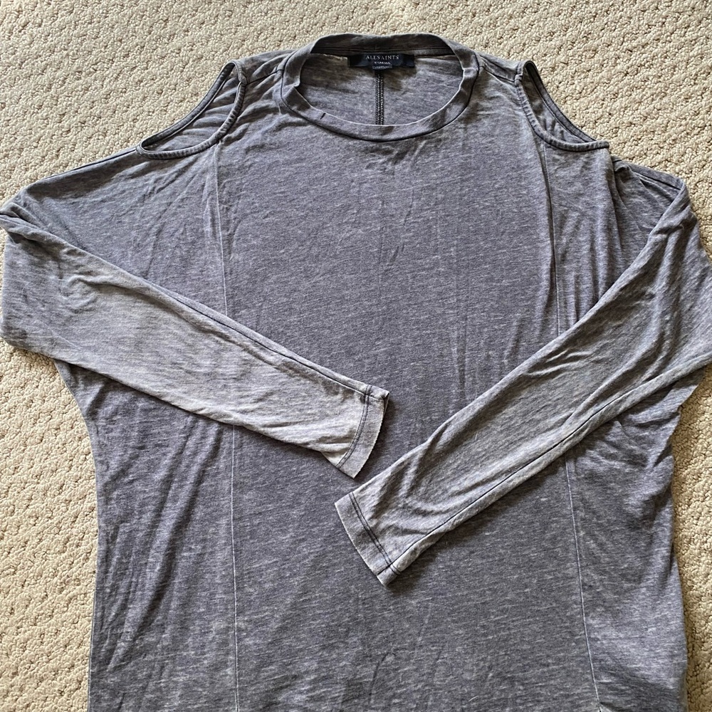 All Saints Gray Long Sleeve Cold Shoulder Tee